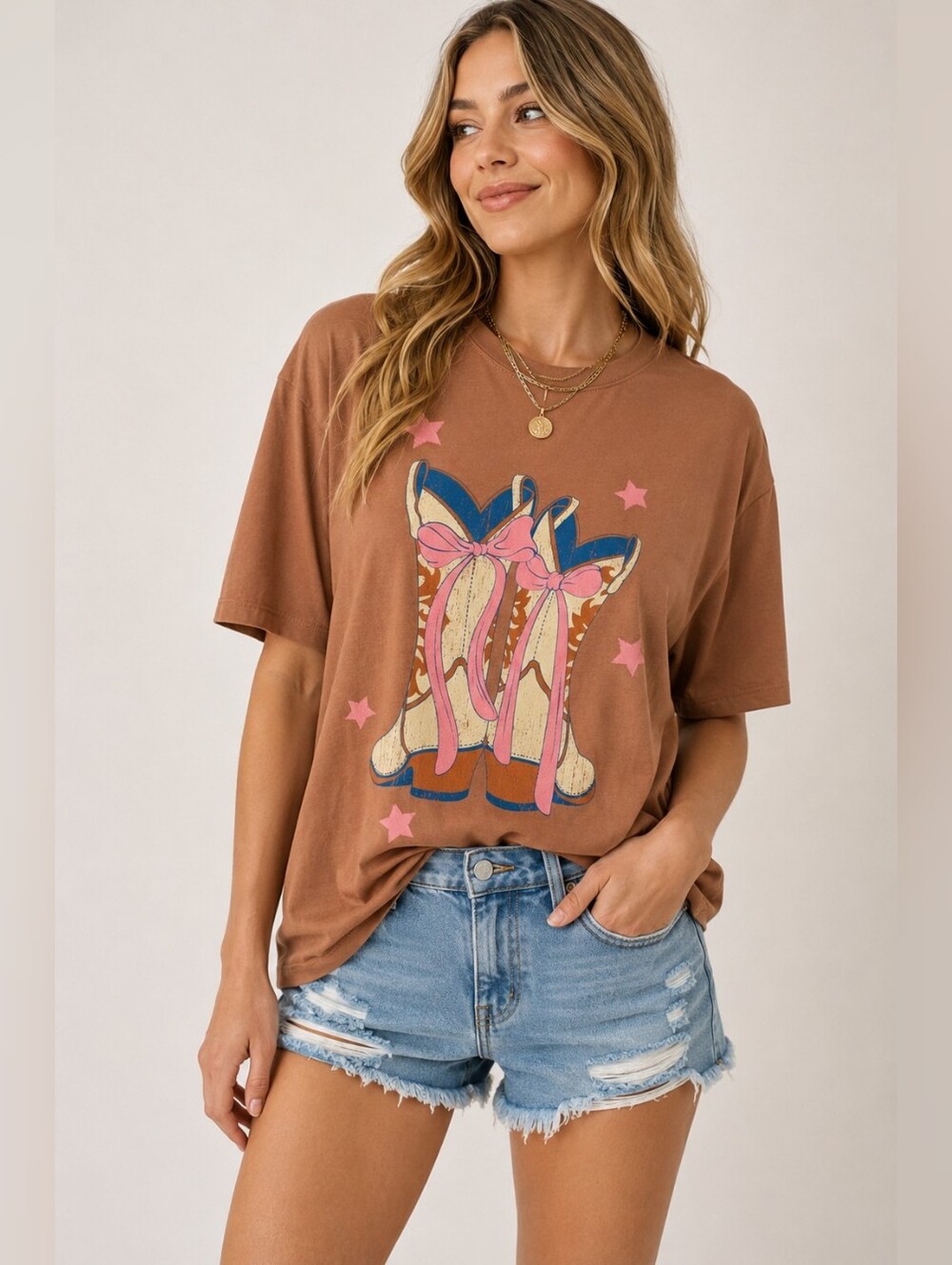 Zutter Western Cowgirl Boots Bow Graphic Tee Brown Pink Size S M L